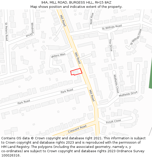 94A, MILL ROAD, BURGESS HILL, RH15 8AZ: Location map and indicative extent of plot