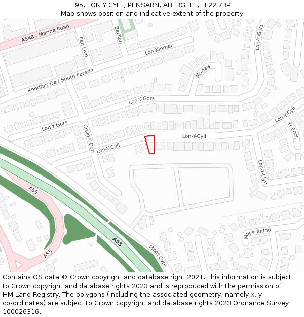 95, LON Y CYLL, PENSARN, ABERGELE, LL22 7RP: Location map and indicative extent of plot