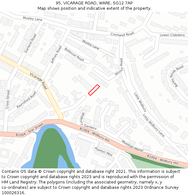 95, VICARAGE ROAD, WARE, SG12 7AP: Location map and indicative extent of plot