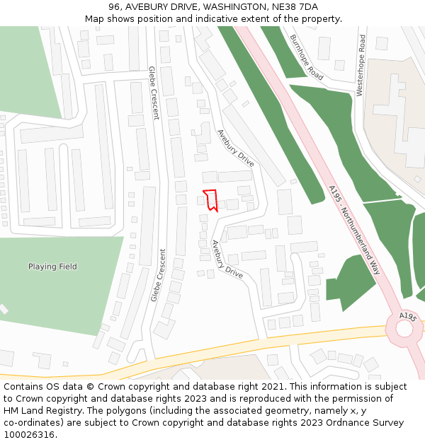 96, AVEBURY DRIVE, WASHINGTON, NE38 7DA: Location map and indicative extent of plot