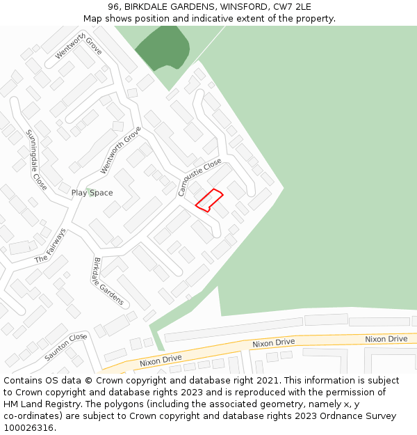 96, BIRKDALE GARDENS, WINSFORD, CW7 2LE: Location map and indicative extent of plot