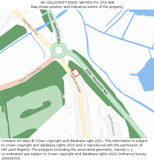 96, GOLDCROFT ROAD, WEYMOUTH, DT4 0EB: Location map and indicative extent of plot