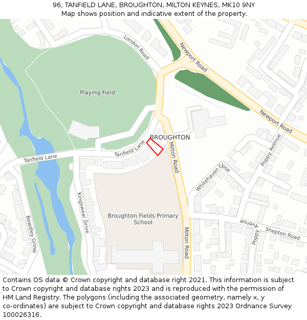 96, TANFIELD LANE, BROUGHTON, MILTON KEYNES, MK10 9NY: Location map and indicative extent of plot