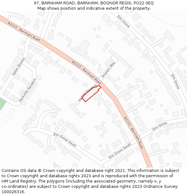 97, BARNHAM ROAD, BARNHAM, BOGNOR REGIS, PO22 0EQ: Location map and indicative extent of plot