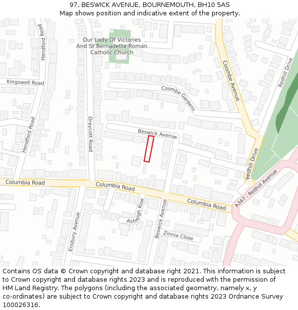 97, BESWICK AVENUE, BOURNEMOUTH, BH10 5AS: Location map and indicative extent of plot