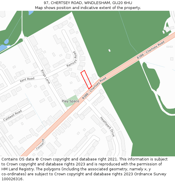 97, CHERTSEY ROAD, WINDLESHAM, GU20 6HU: Location map and indicative extent of plot