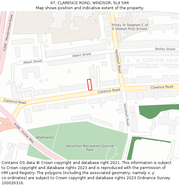 97, CLARENCE ROAD, WINDSOR, SL4 5AR: Location map and indicative extent of plot
