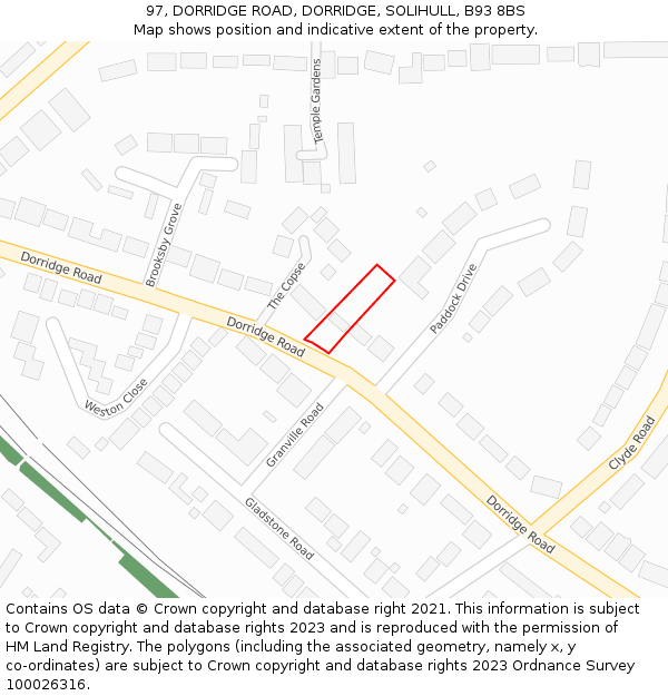 97, DORRIDGE ROAD, DORRIDGE, SOLIHULL, B93 8BS: Location map and indicative extent of plot