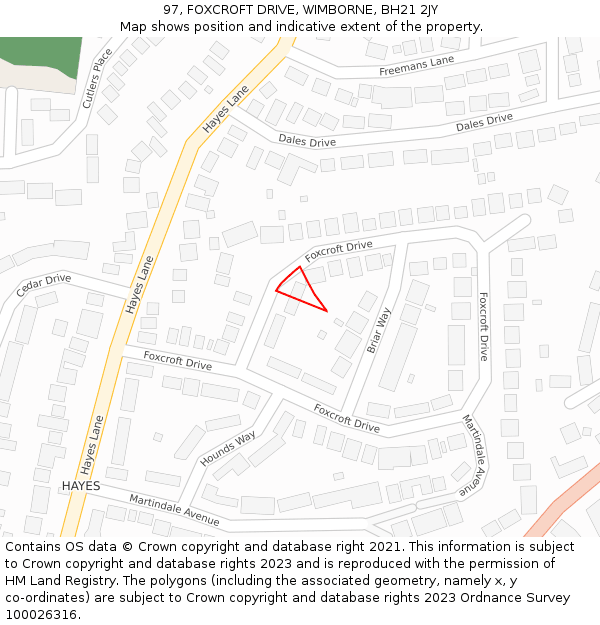 97, FOXCROFT DRIVE, WIMBORNE, BH21 2JY: Location map and indicative extent of plot