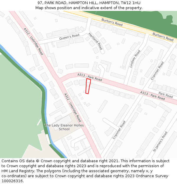 97, PARK ROAD, HAMPTON HILL, HAMPTON, TW12 1HU: Location map and indicative extent of plot