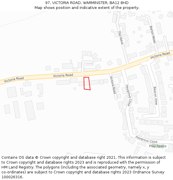 97, VICTORIA ROAD, WARMINSTER, BA12 8HD: Location map and indicative extent of plot