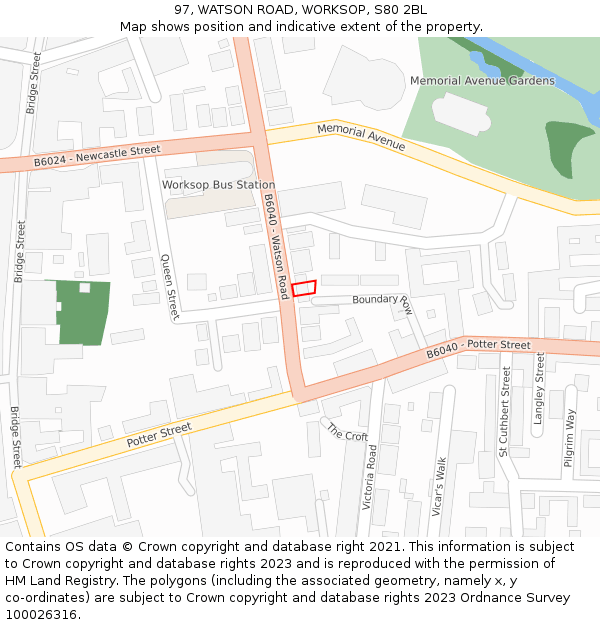 97, WATSON ROAD, WORKSOP, S80 2BL: Location map and indicative extent of plot