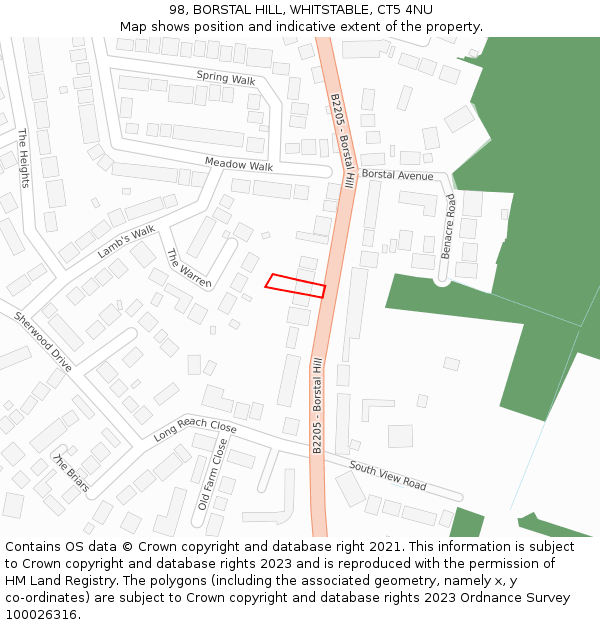 98, BORSTAL HILL, WHITSTABLE, CT5 4NU: Location map and indicative extent of plot