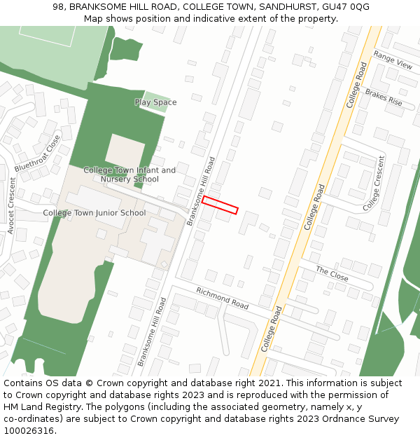 98, BRANKSOME HILL ROAD, COLLEGE TOWN, SANDHURST, GU47 0QG: Location map and indicative extent of plot