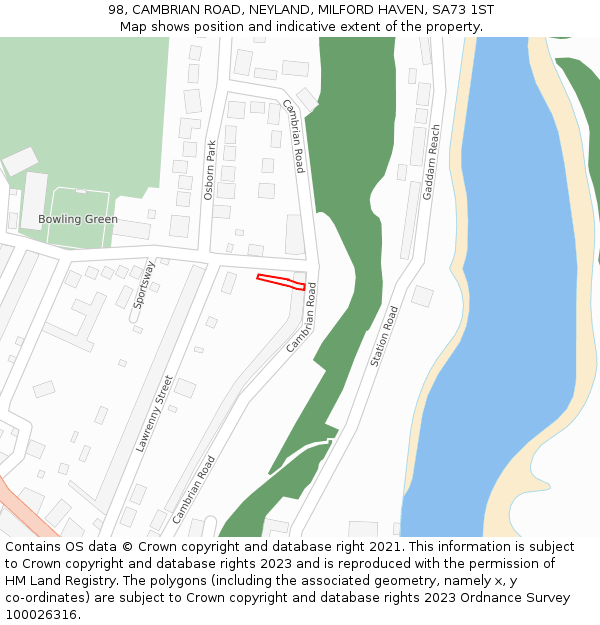 98, CAMBRIAN ROAD, NEYLAND, MILFORD HAVEN, SA73 1ST: Location map and indicative extent of plot