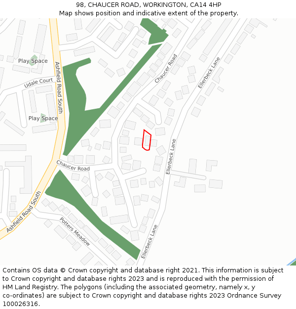 98, CHAUCER ROAD, WORKINGTON, CA14 4HP: Location map and indicative extent of plot