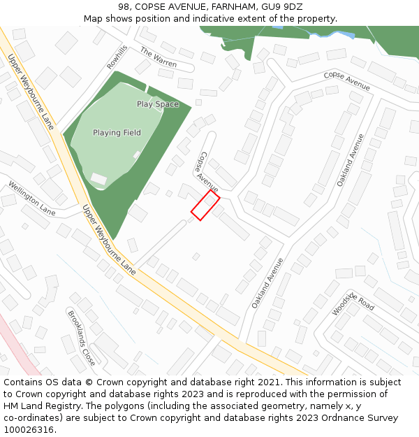 98, COPSE AVENUE, FARNHAM, GU9 9DZ: Location map and indicative extent of plot