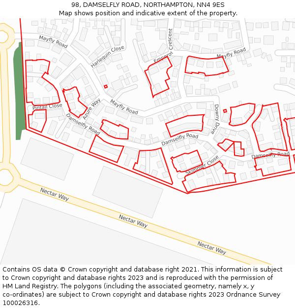 98, DAMSELFLY ROAD, NORTHAMPTON, NN4 9ES: Location map and indicative extent of plot