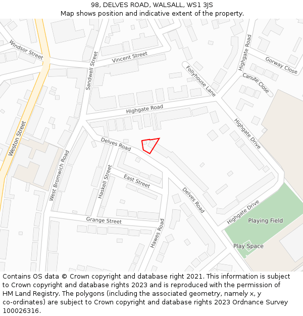 98, DELVES ROAD, WALSALL, WS1 3JS: Location map and indicative extent of plot