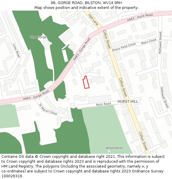 98, GORGE ROAD, BILSTON, WV14 9RH: Location map and indicative extent of plot