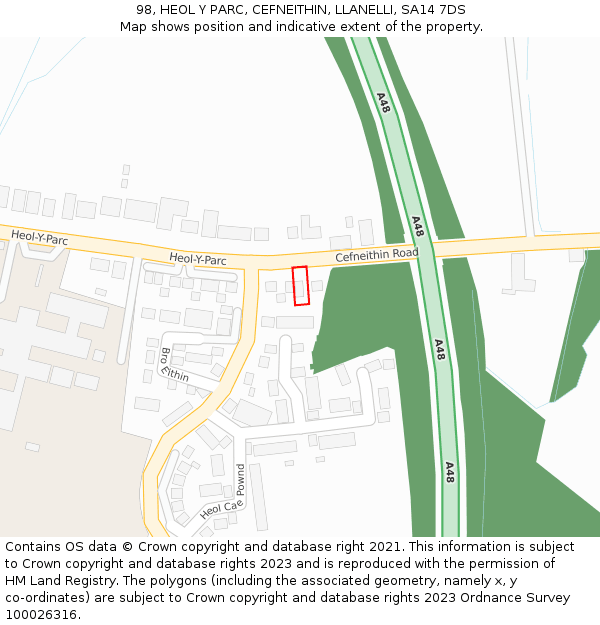 98, HEOL Y PARC, CEFNEITHIN, LLANELLI, SA14 7DS: Location map and indicative extent of plot