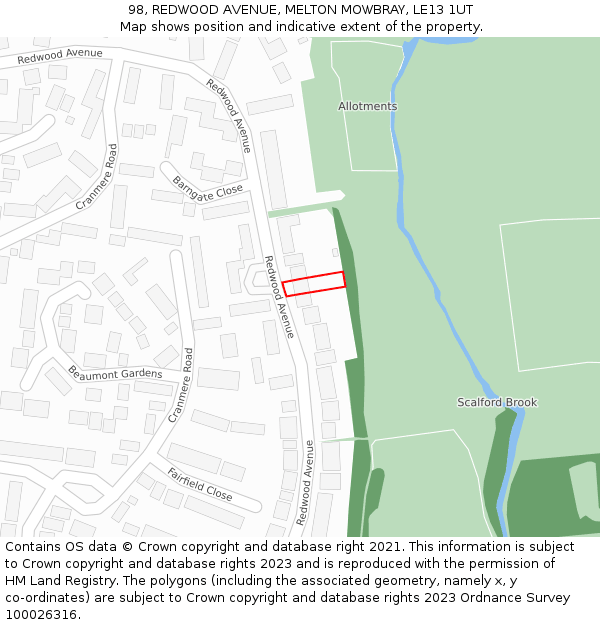 98, REDWOOD AVENUE, MELTON MOWBRAY, LE13 1UT: Location map and indicative extent of plot