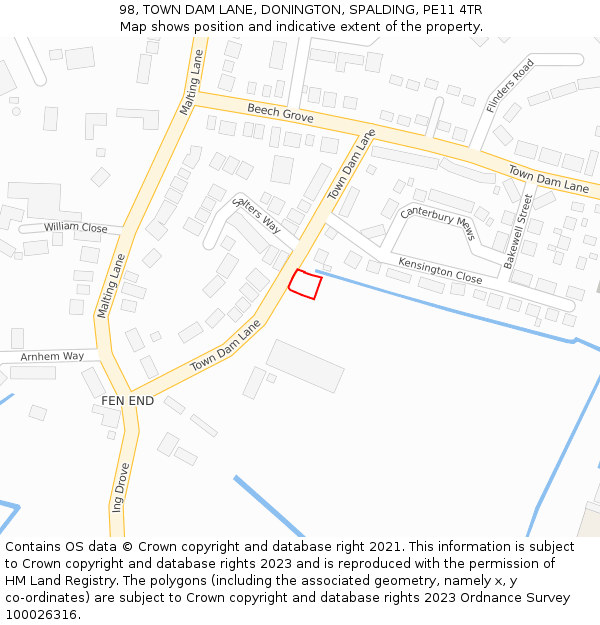 98, TOWN DAM LANE, DONINGTON, SPALDING, PE11 4TR: Location map and indicative extent of plot