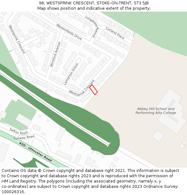 98, WESTSPRINK CRESCENT, STOKE-ON-TRENT, ST3 5JB: Location map and indicative extent of plot