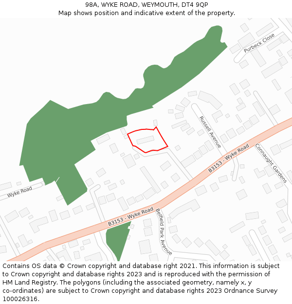 98A, WYKE ROAD, WEYMOUTH, DT4 9QP: Location map and indicative extent of plot