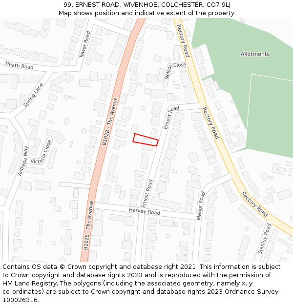 99, ERNEST ROAD, WIVENHOE, COLCHESTER, CO7 9LJ: Location map and indicative extent of plot