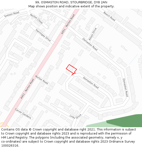 99, OSMASTON ROAD, STOURBRIDGE, DY8 2AN: Location map and indicative extent of plot