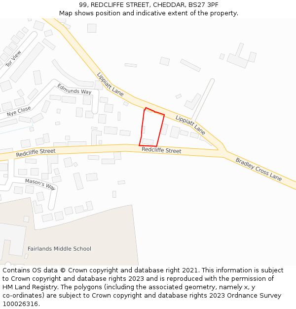 99, REDCLIFFE STREET, CHEDDAR, BS27 3PF: Location map and indicative extent of plot