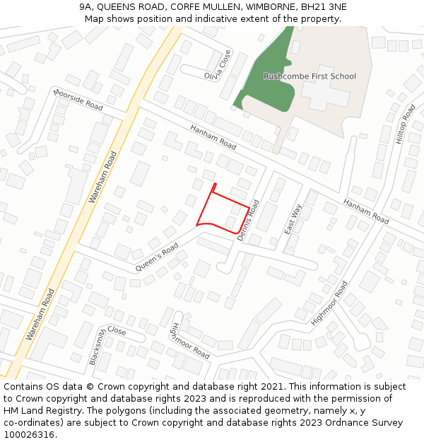9A, QUEENS ROAD, CORFE MULLEN, WIMBORNE, BH21 3NE: Location map and indicative extent of plot
