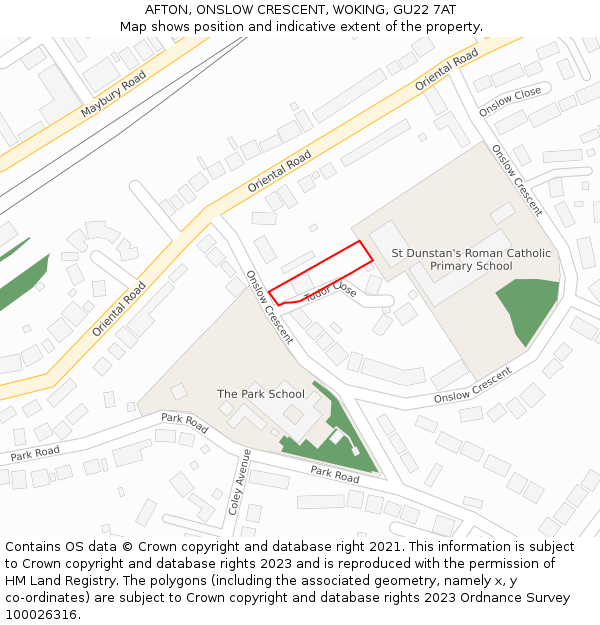 AFTON, ONSLOW CRESCENT, WOKING, GU22 7AT: Location map and indicative extent of plot