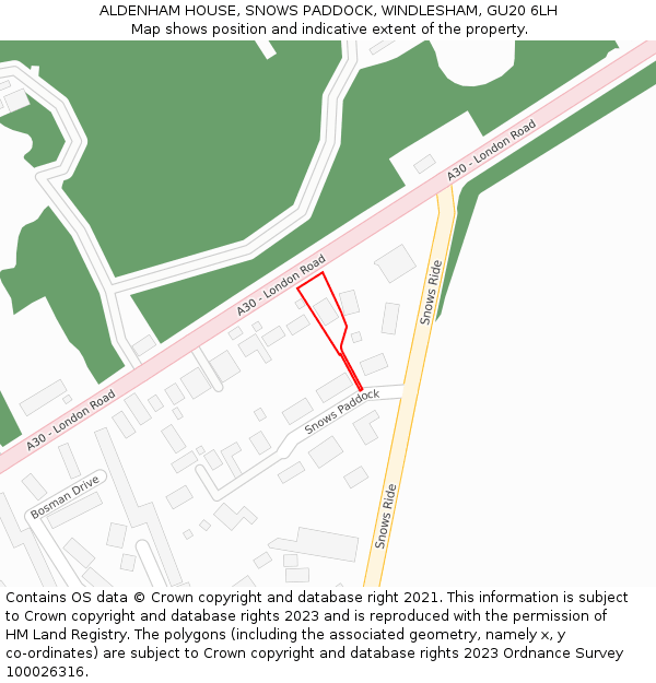 ALDENHAM HOUSE, SNOWS PADDOCK, WINDLESHAM, GU20 6LH: Location map and indicative extent of plot