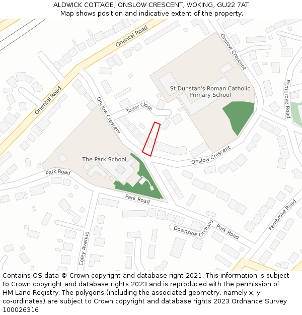 ALDWICK COTTAGE, ONSLOW CRESCENT, WOKING, GU22 7AT: Location map and indicative extent of plot