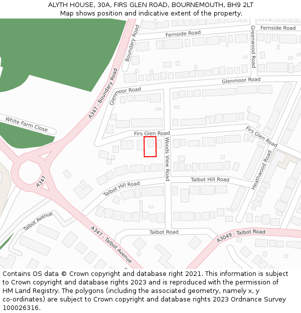 ALYTH HOUSE, 30A, FIRS GLEN ROAD, BOURNEMOUTH, BH9 2LT: Location map and indicative extent of plot