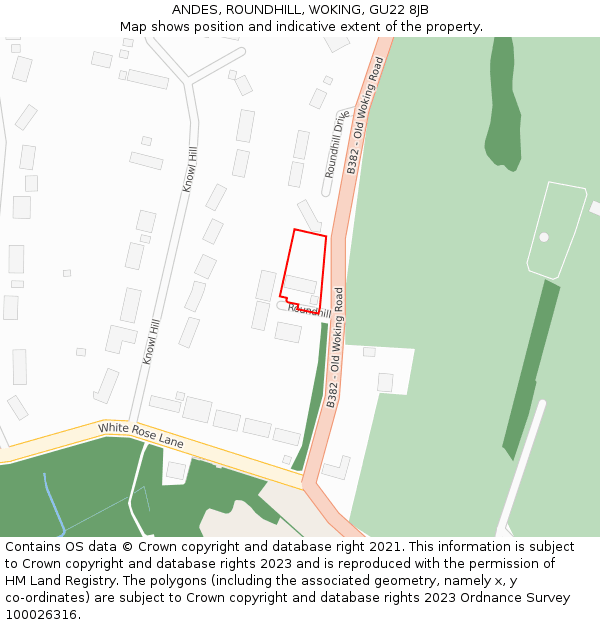 ANDES, ROUNDHILL, WOKING, GU22 8JB: Location map and indicative extent of plot