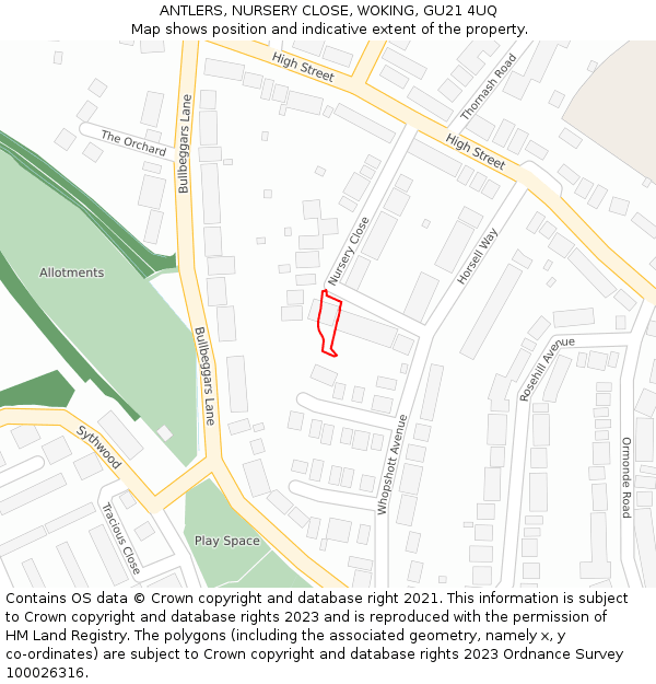 ANTLERS, NURSERY CLOSE, WOKING, GU21 4UQ: Location map and indicative extent of plot