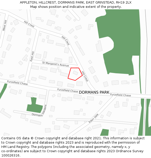 APPLETON, HILLCREST, DORMANS PARK, EAST GRINSTEAD, RH19 2LX: Location map and indicative extent of plot