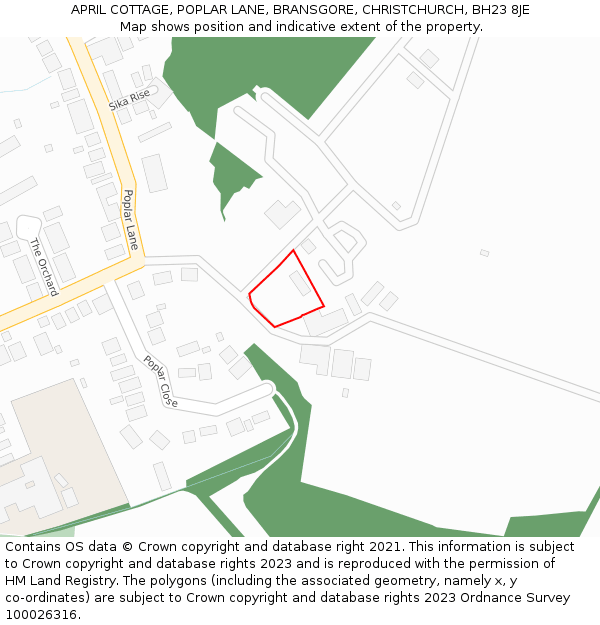 APRIL COTTAGE, POPLAR LANE, BRANSGORE, CHRISTCHURCH, BH23 8JE: Location map and indicative extent of plot