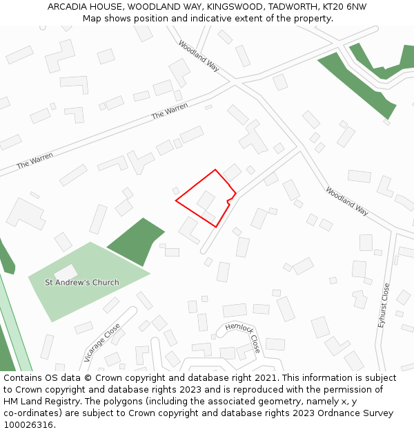 ARCADIA HOUSE, WOODLAND WAY, KINGSWOOD, TADWORTH, KT20 6NW: Location map and indicative extent of plot