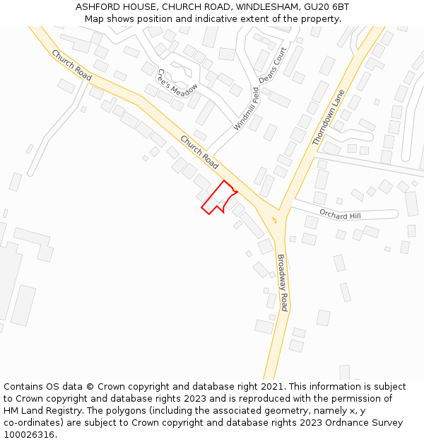 ASHFORD HOUSE, CHURCH ROAD, WINDLESHAM, GU20 6BT: Location map and indicative extent of plot