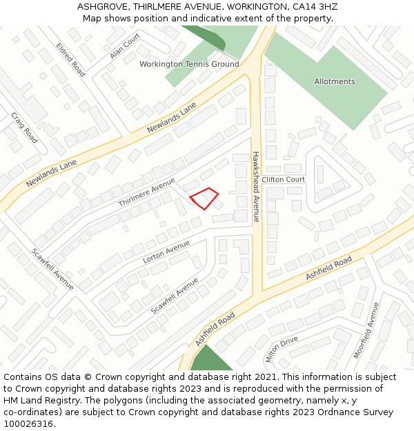 ASHGROVE, THIRLMERE AVENUE, WORKINGTON, CA14 3HZ: Location map and indicative extent of plot