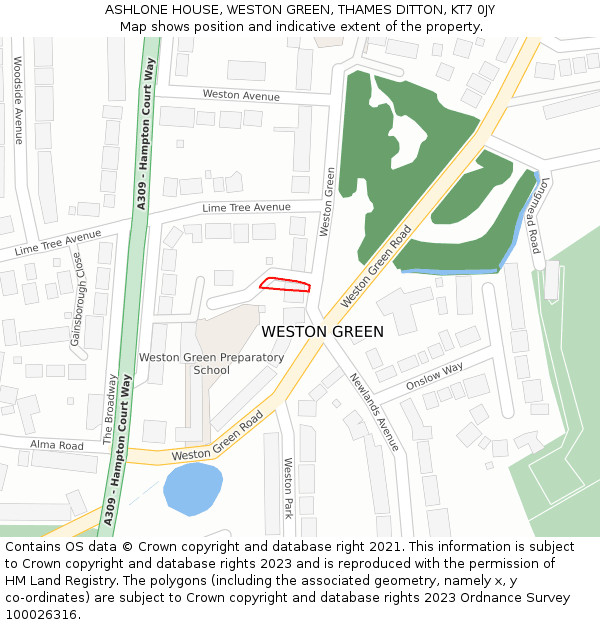 ASHLONE HOUSE, WESTON GREEN, THAMES DITTON, KT7 0JY: Location map and indicative extent of plot