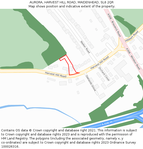 AURORA, HARVEST HILL ROAD, MAIDENHEAD, SL6 2QR: Location map and indicative extent of plot