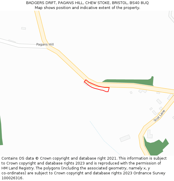 BADGERS DRIFT, PAGANS HILL, CHEW STOKE, BRISTOL, BS40 8UQ: Location map and indicative extent of plot