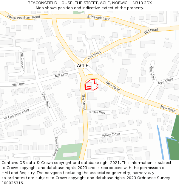 BEACONSFIELD HOUSE, THE STREET, ACLE, NORWICH, NR13 3DX: Location map and indicative extent of plot