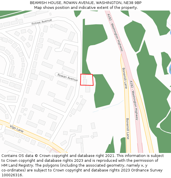 BEAMISH HOUSE, ROWAN AVENUE, WASHINGTON, NE38 9BP: Location map and indicative extent of plot