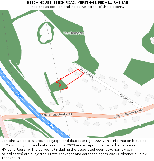 BEECH HOUSE, BEECH ROAD, MERSTHAM, REDHILL, RH1 3AE: Location map and indicative extent of plot